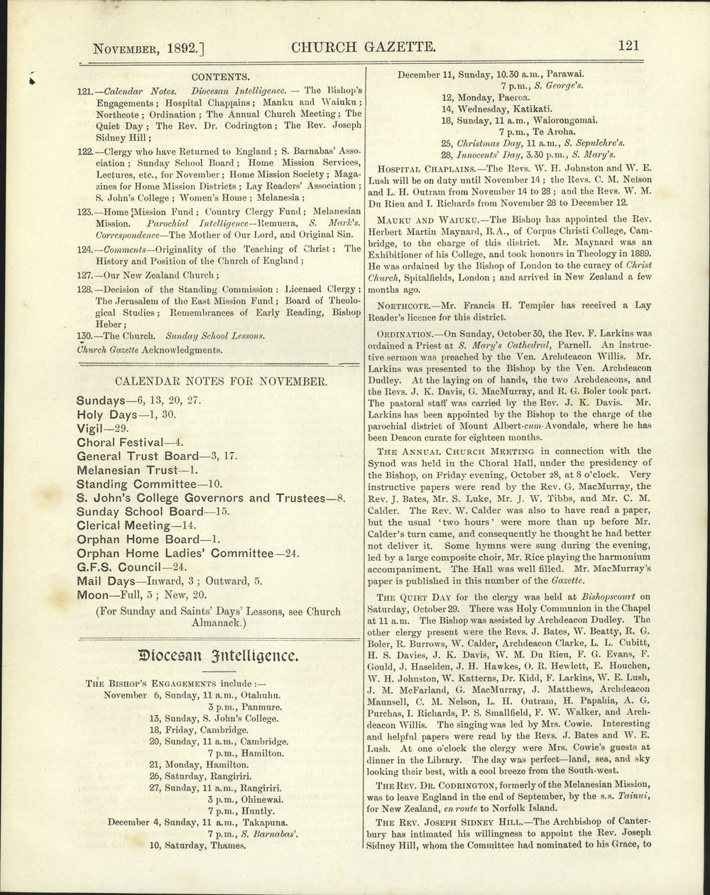 Church Gazette, Auckland: November 1892