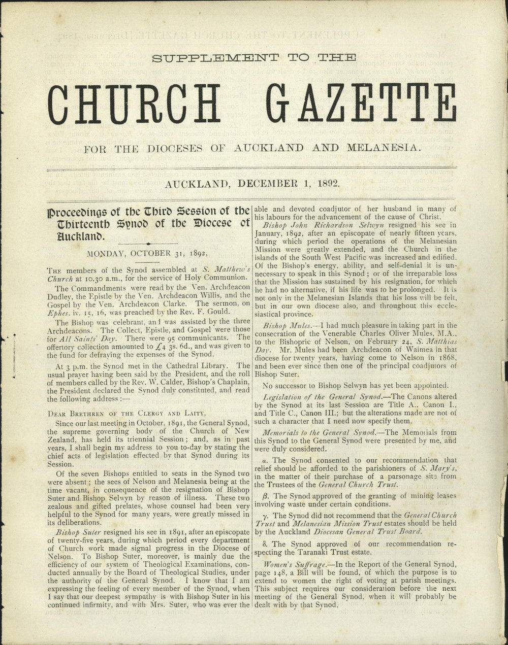 Church Gazette, Auckland: December 1892 Supplement