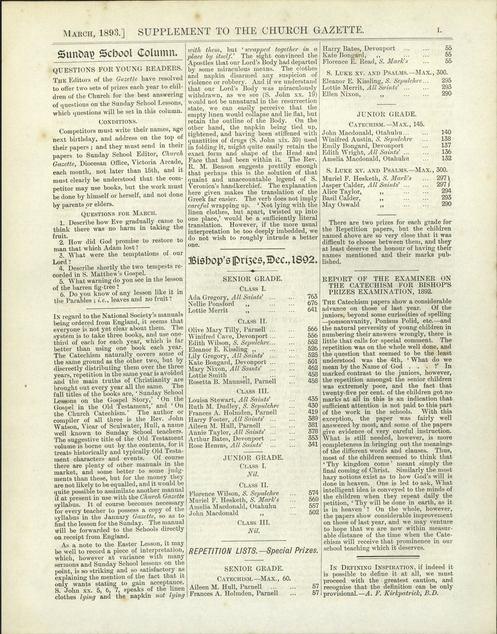 Church Gazette, Auckland: March 1893 Supplement