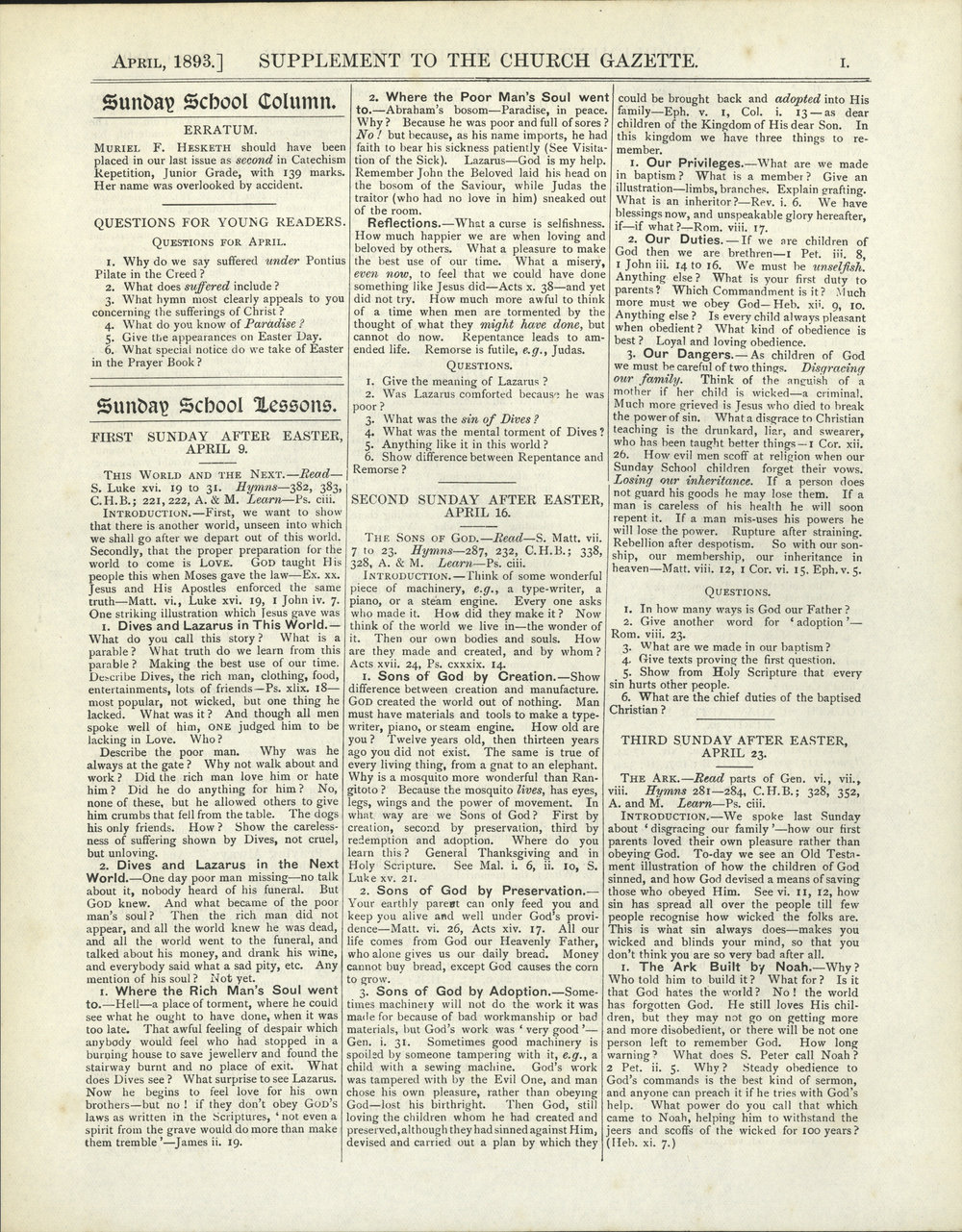 Church Gazette, Auckland: April 1893 Supplement
