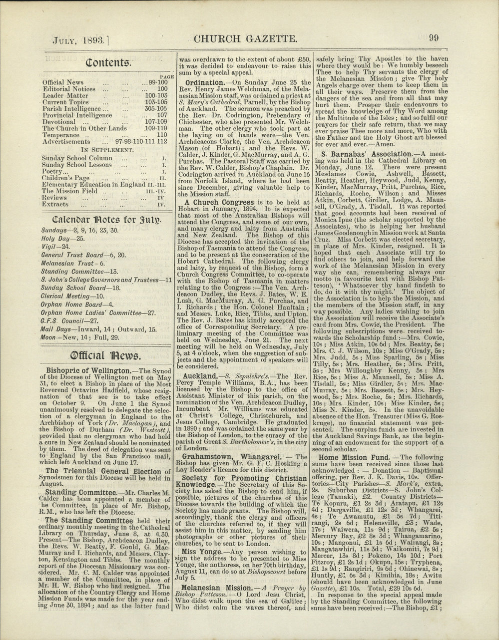 Church Gazette, Auckland: July 1893