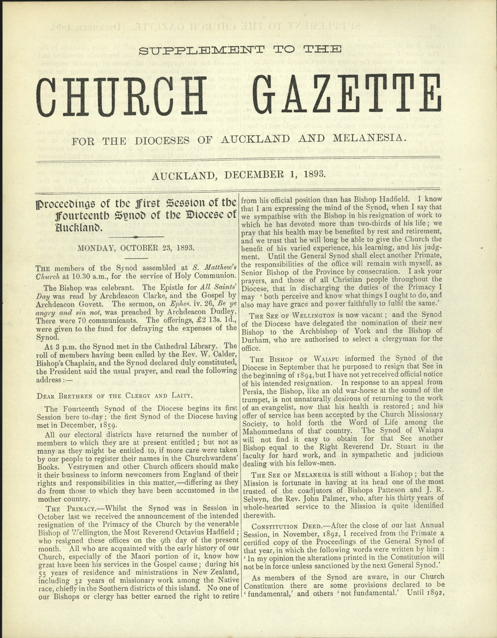 Church Gazette, Auckland: December 1893 Supplement