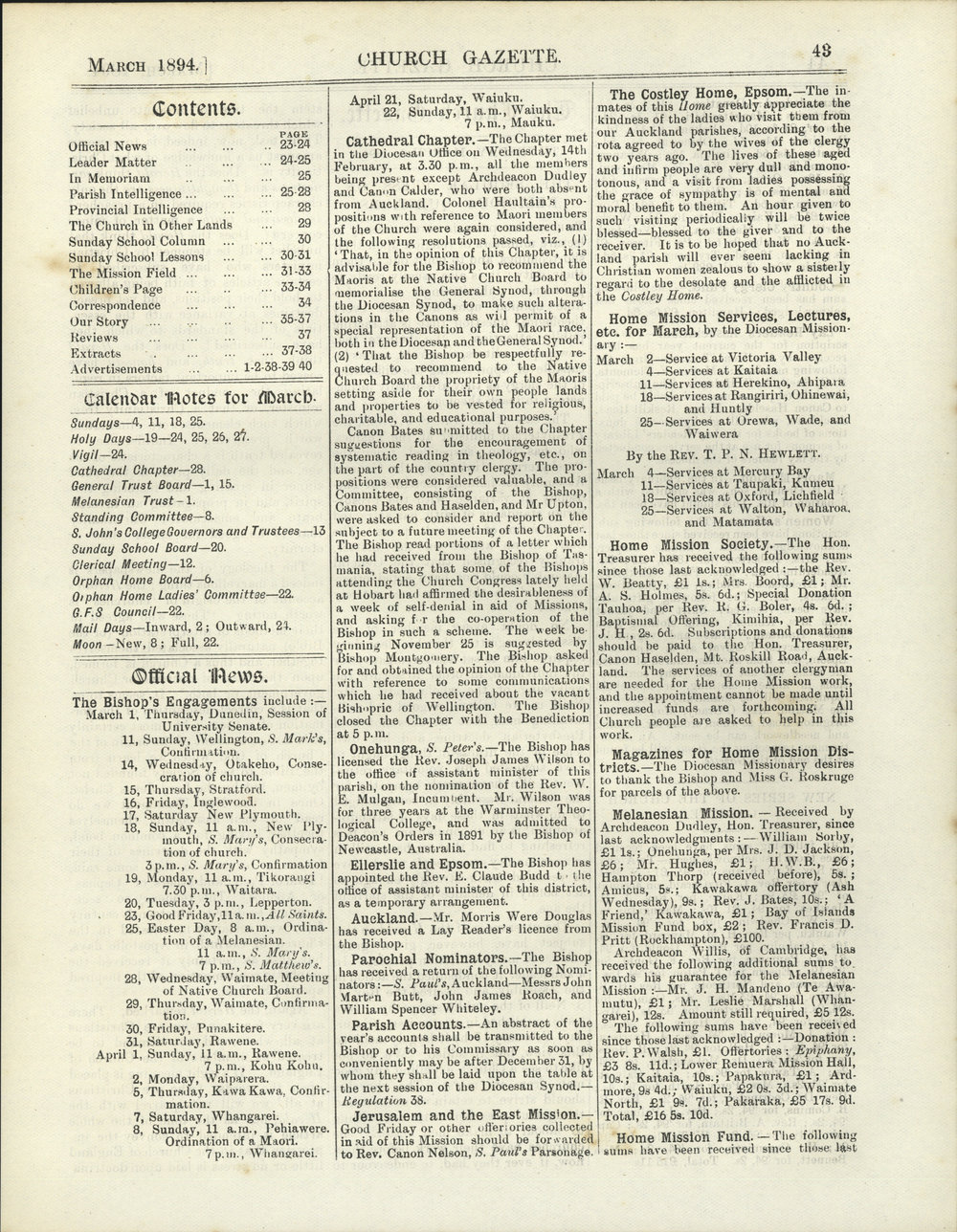 Church Gazette, Auckland: March 1894