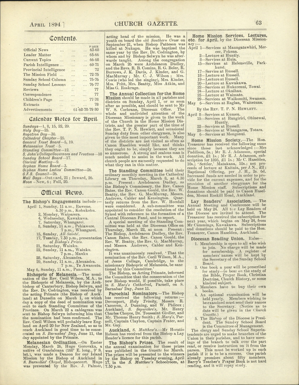 Church Gazette, Auckland: April 1894