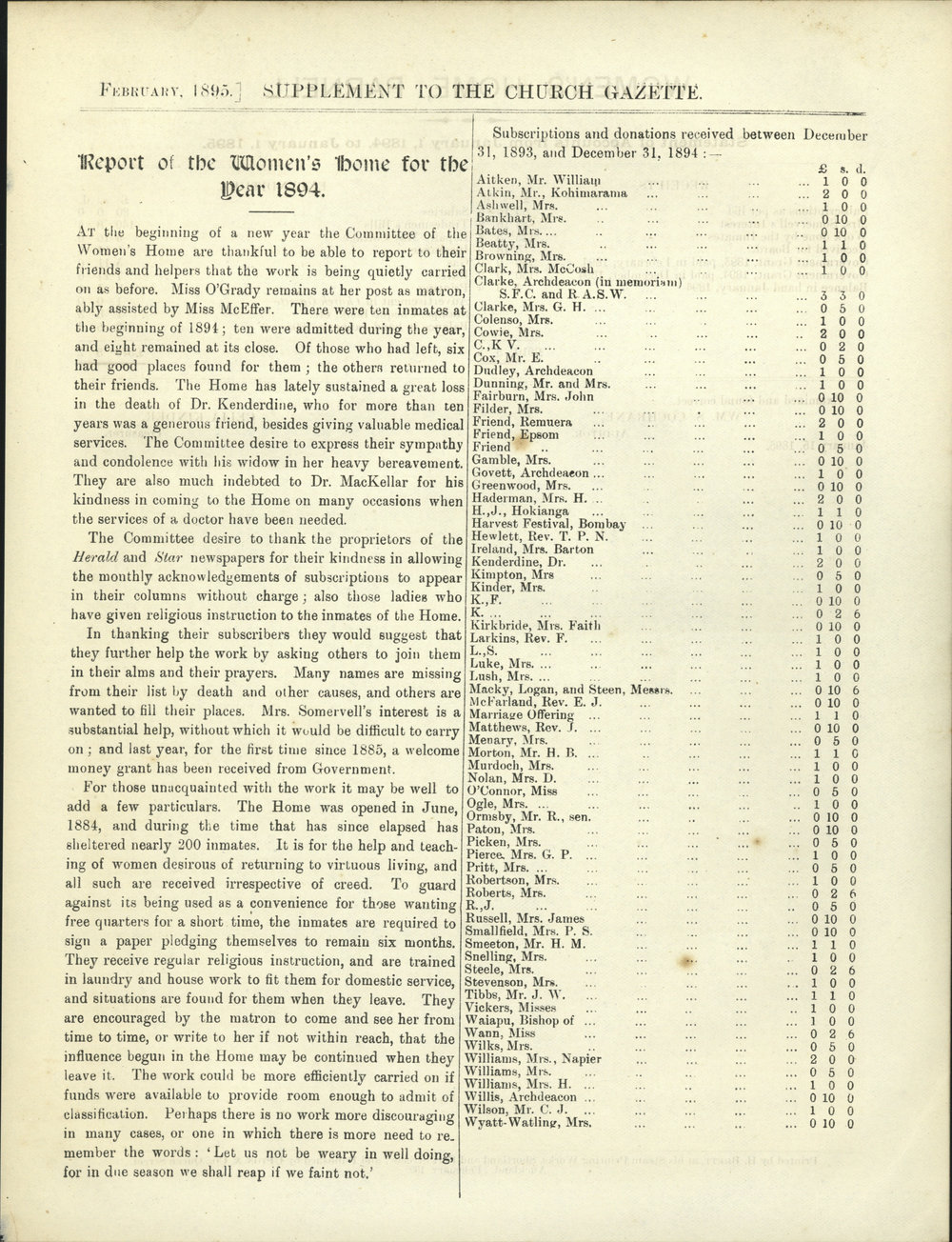 Church Gazette, Auckland: February 1895 Supplement