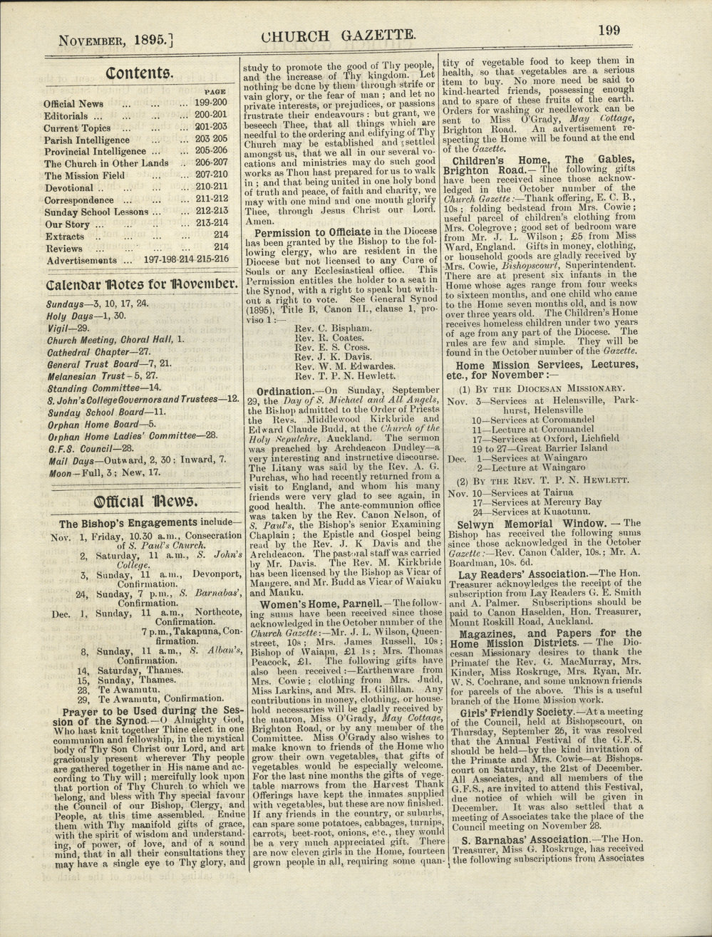 Church Gazette, Auckland: November 1895