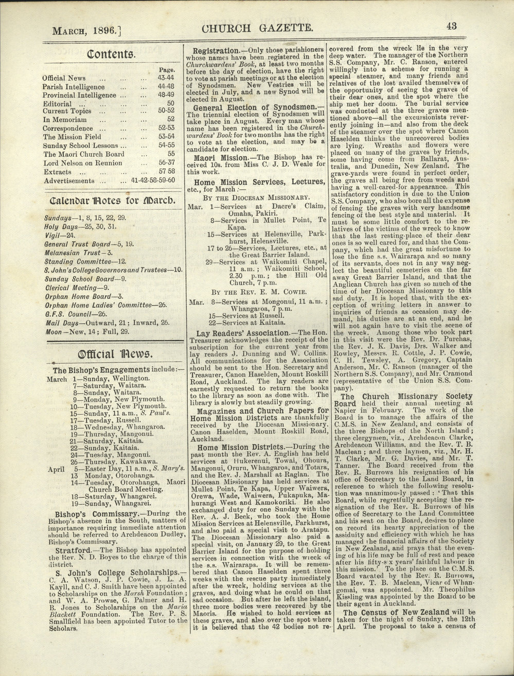 Church Gazette, Auckland: March 1896