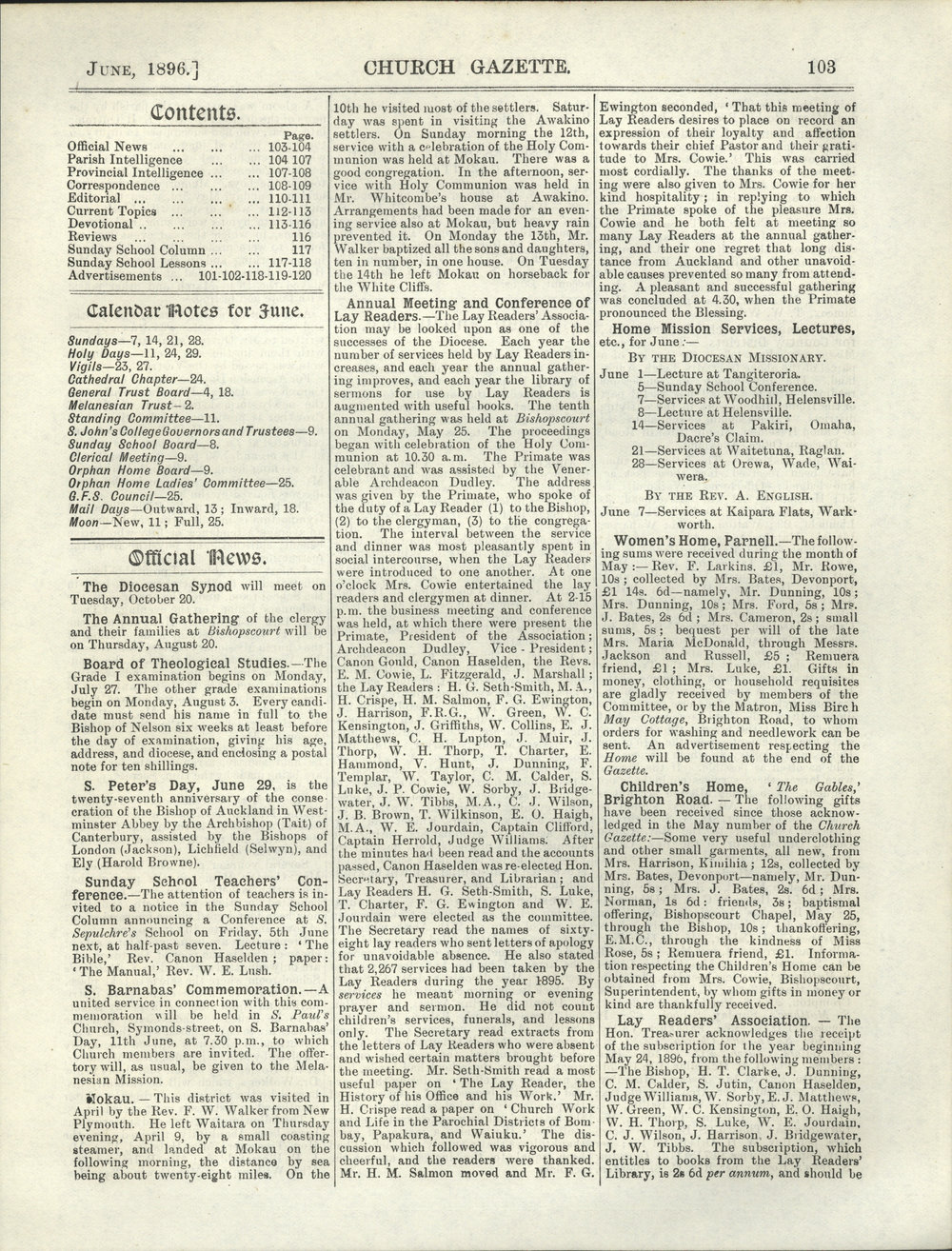 Church Gazette, Auckland: June 1896