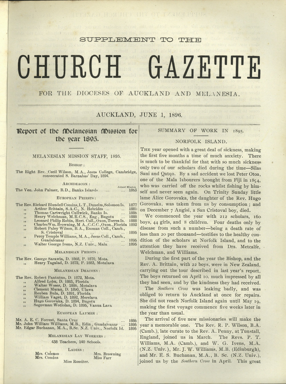 Church Gazette, Auckland: June 1896 Supplement