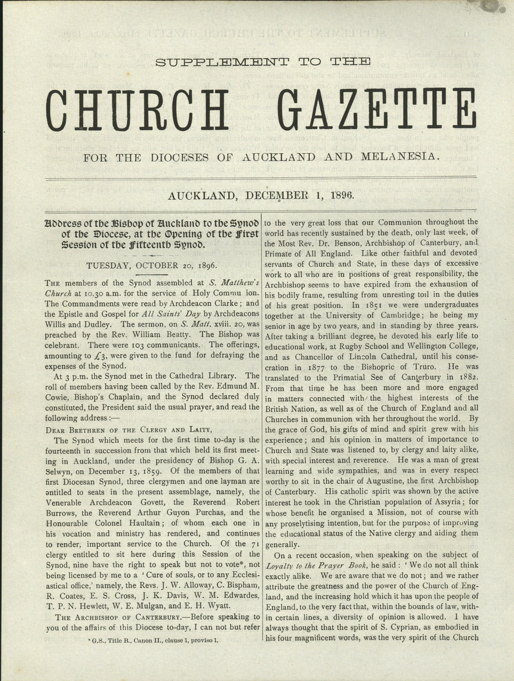 Church Gazette, Auckland: December 1896 Supplement