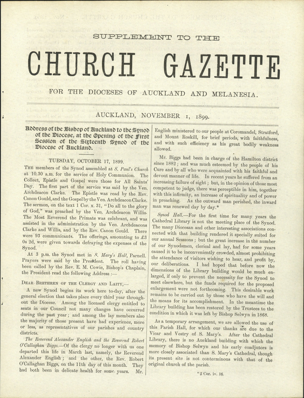 Church Gazette, Auckland: November 1899 Supplement