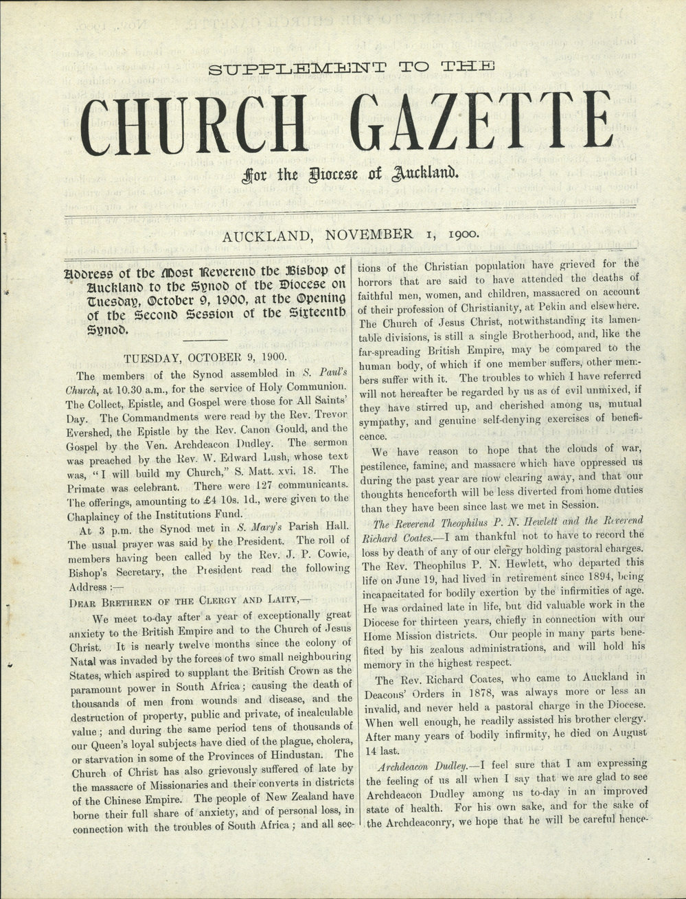 Church Gazette, Auckland: November 1900 Supplement