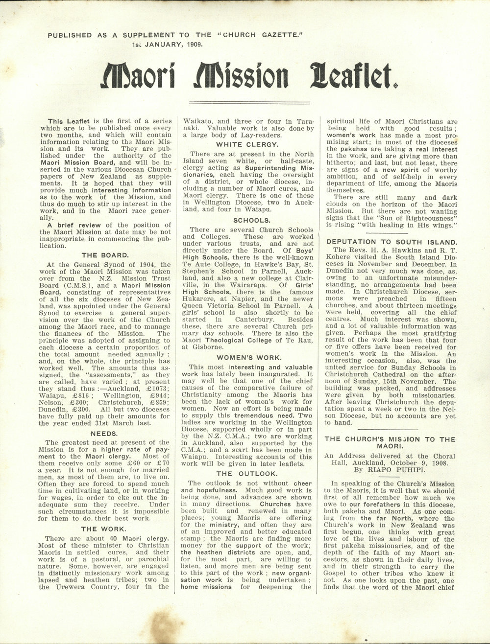 Church Gazette, Auckland: January 1909 Supplement