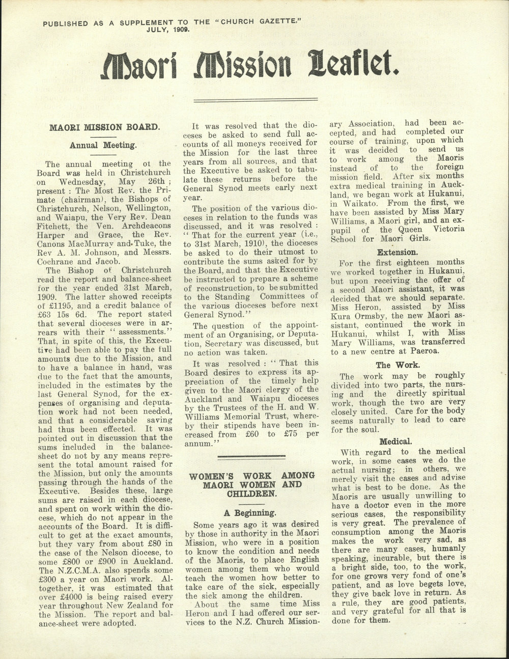 Church Gazette, Auckland: July 1909 Supplement