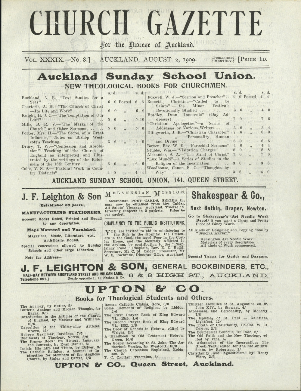 Church Gazette, Auckland: August 1909