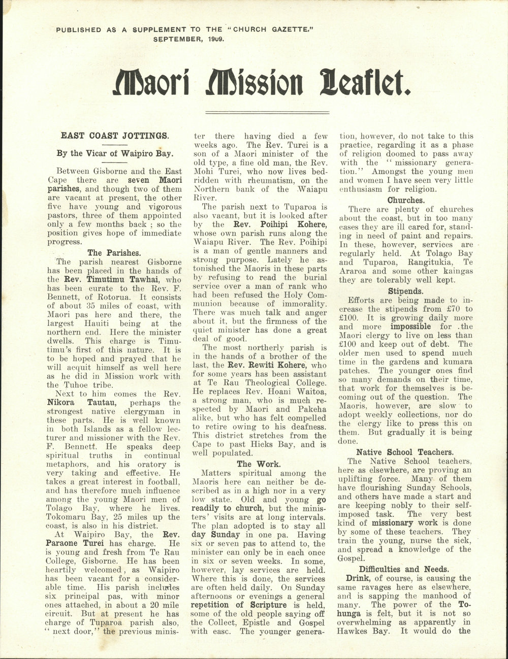Church Gazette, Auckland: September 1909 Supplement