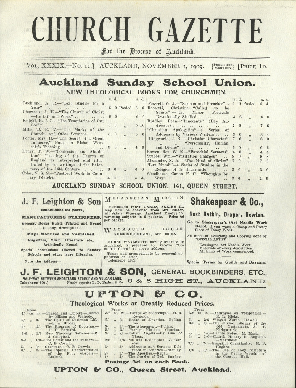 Church Gazette, Auckland: November 1909