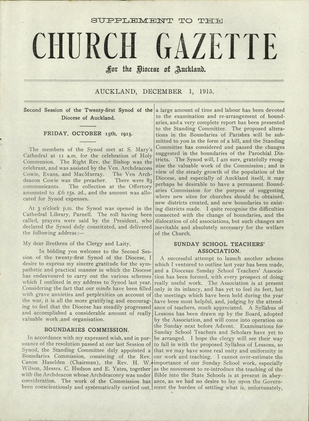 Church Gazette, Auckland: December 1915 Supplement