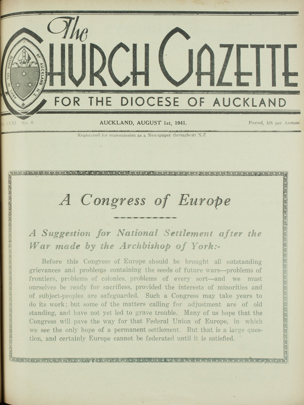 Church Gazette, Auckland: August 1941