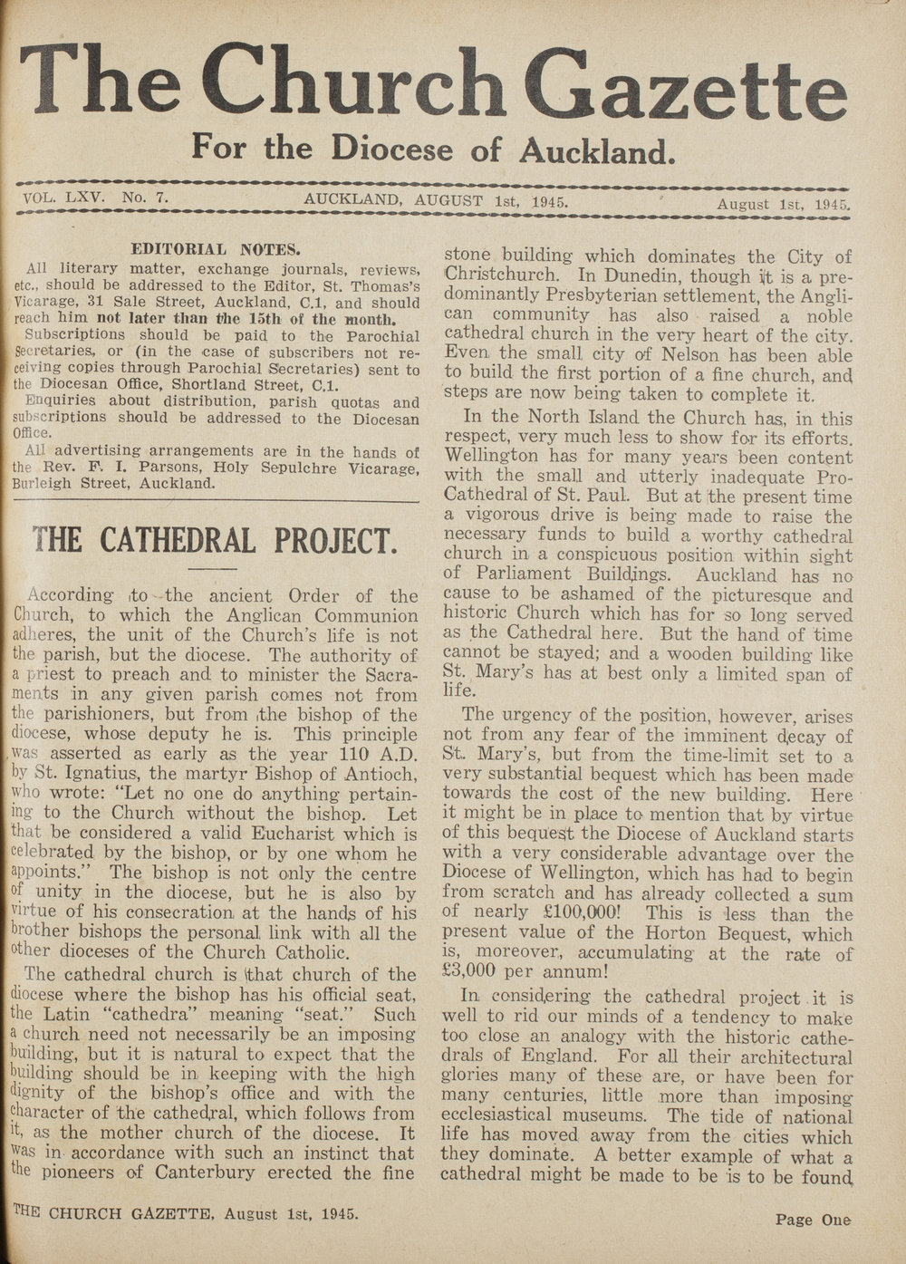 Church Gazette, Auckland: August 1945