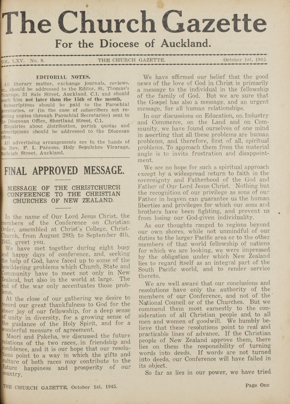 Church Gazette, Auckland: October 1945