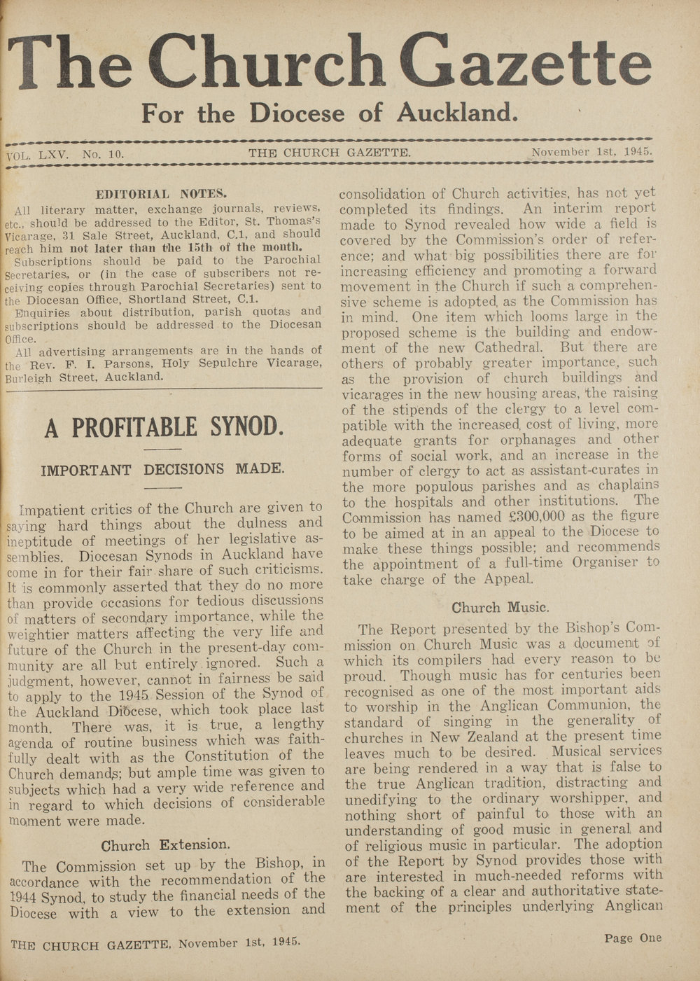 Church Gazette, Auckland: November 1945