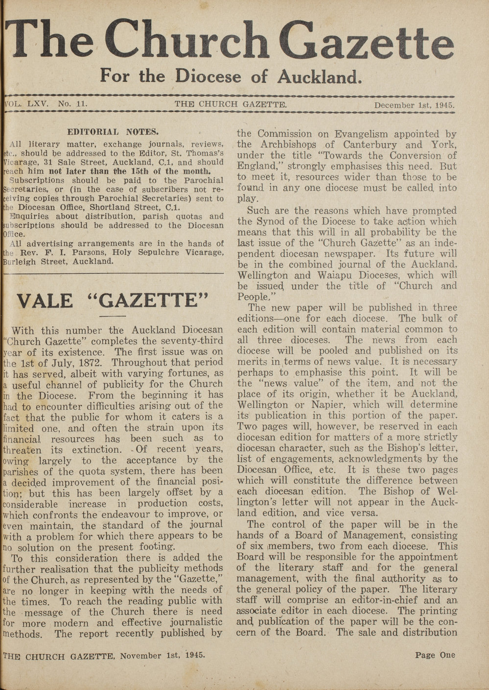 Church Gazette, Auckland: December 1945