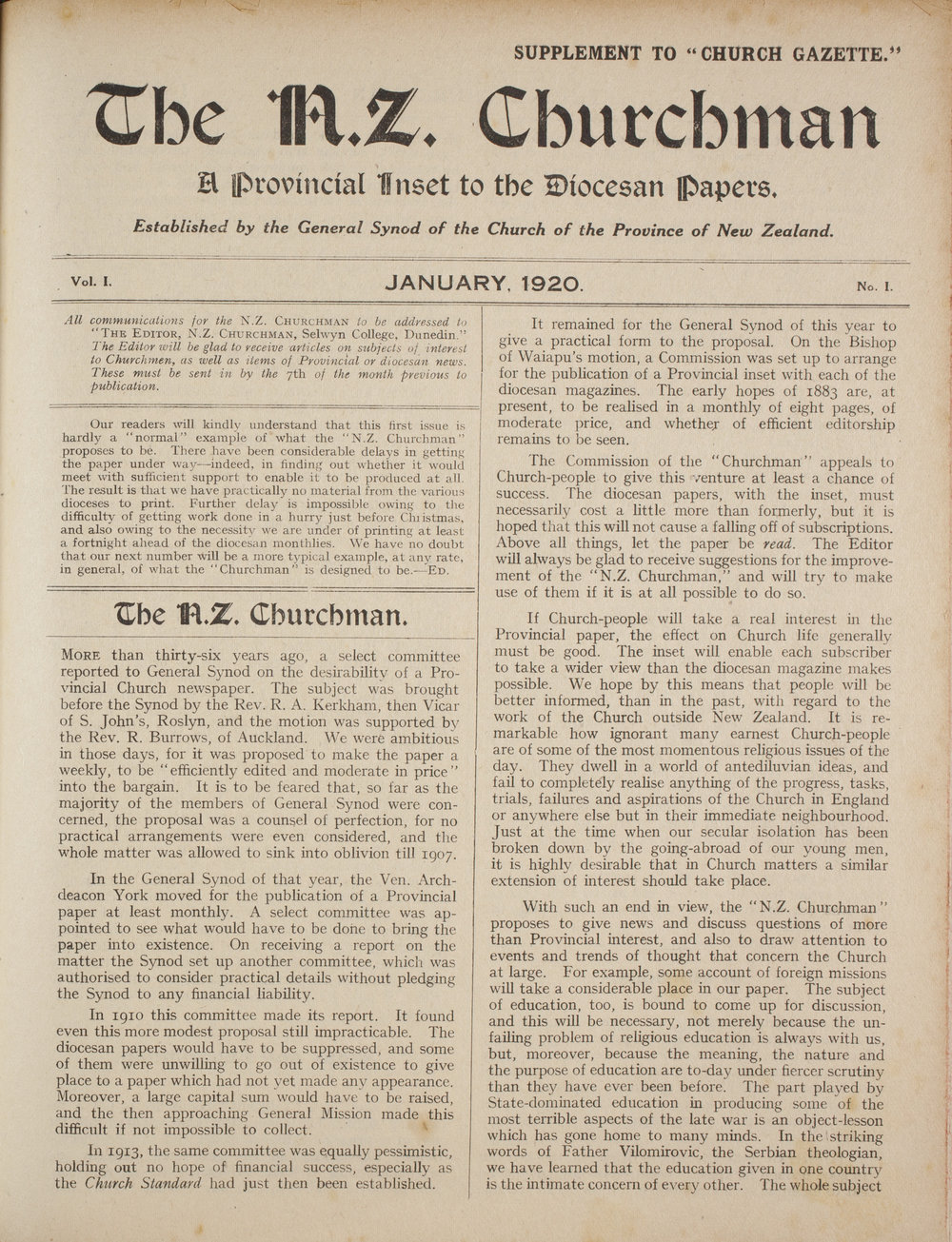 Church Gazette, Auckland: January 1920 Supplement