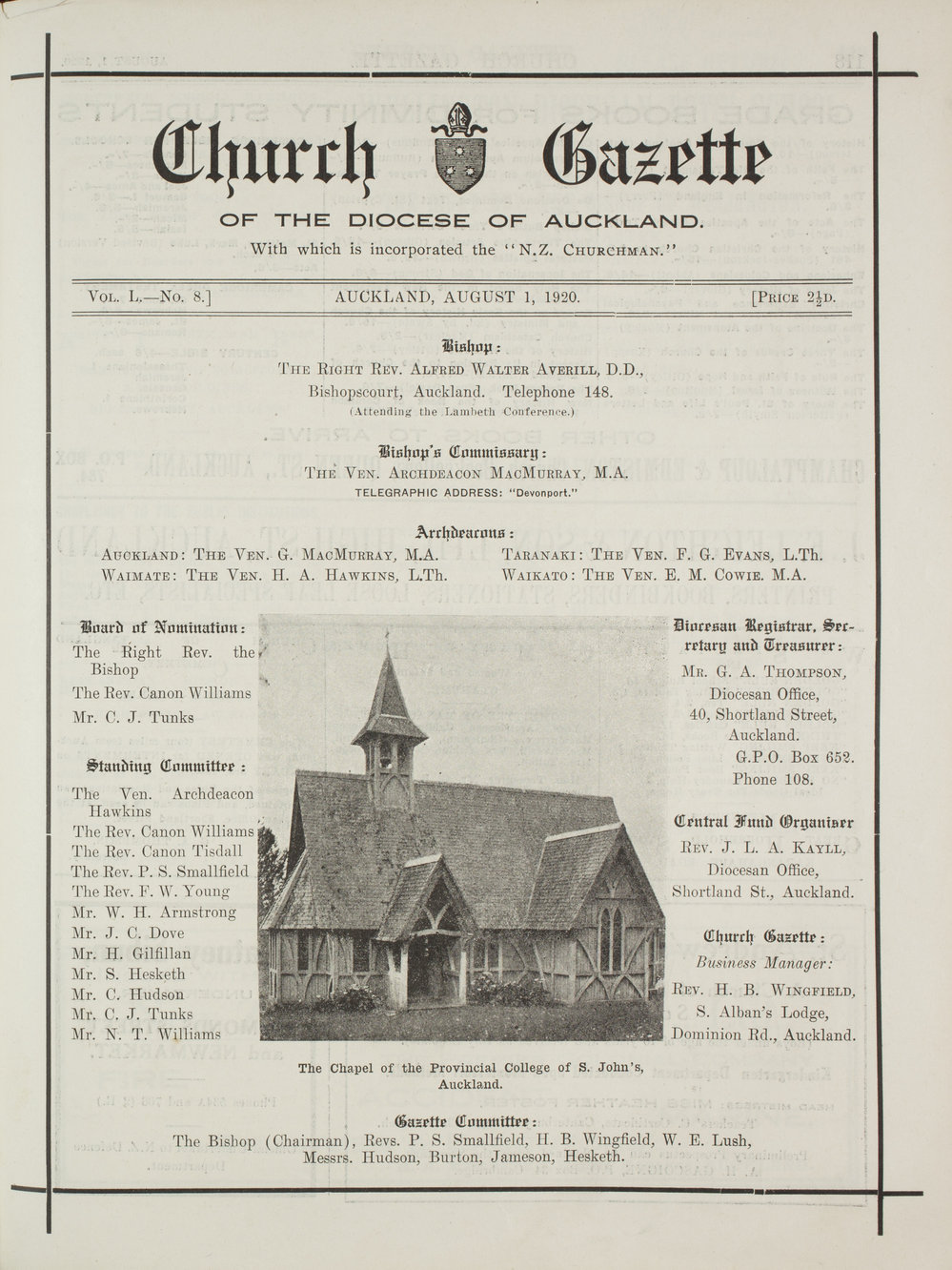 Church Gazette, Auckland: August 1920