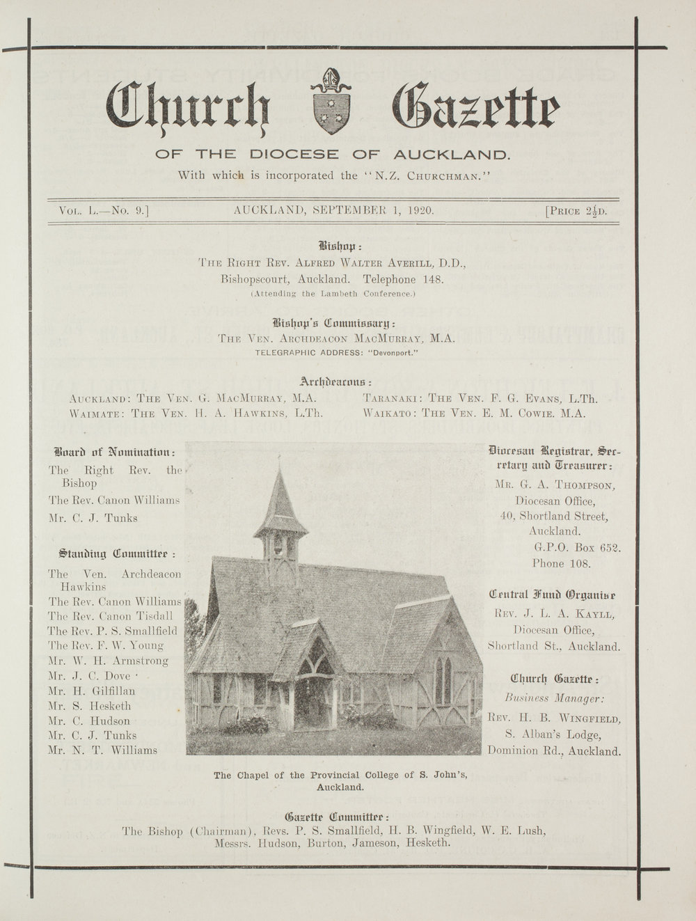 Church Gazette, Auckland: September 1920
