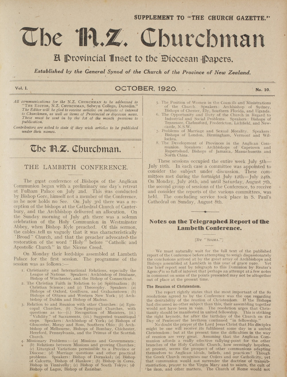 Church Gazette, Auckland: October 1920 Supplement