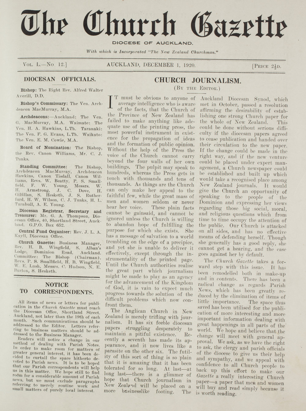 Church Gazette, Auckland: December 1920