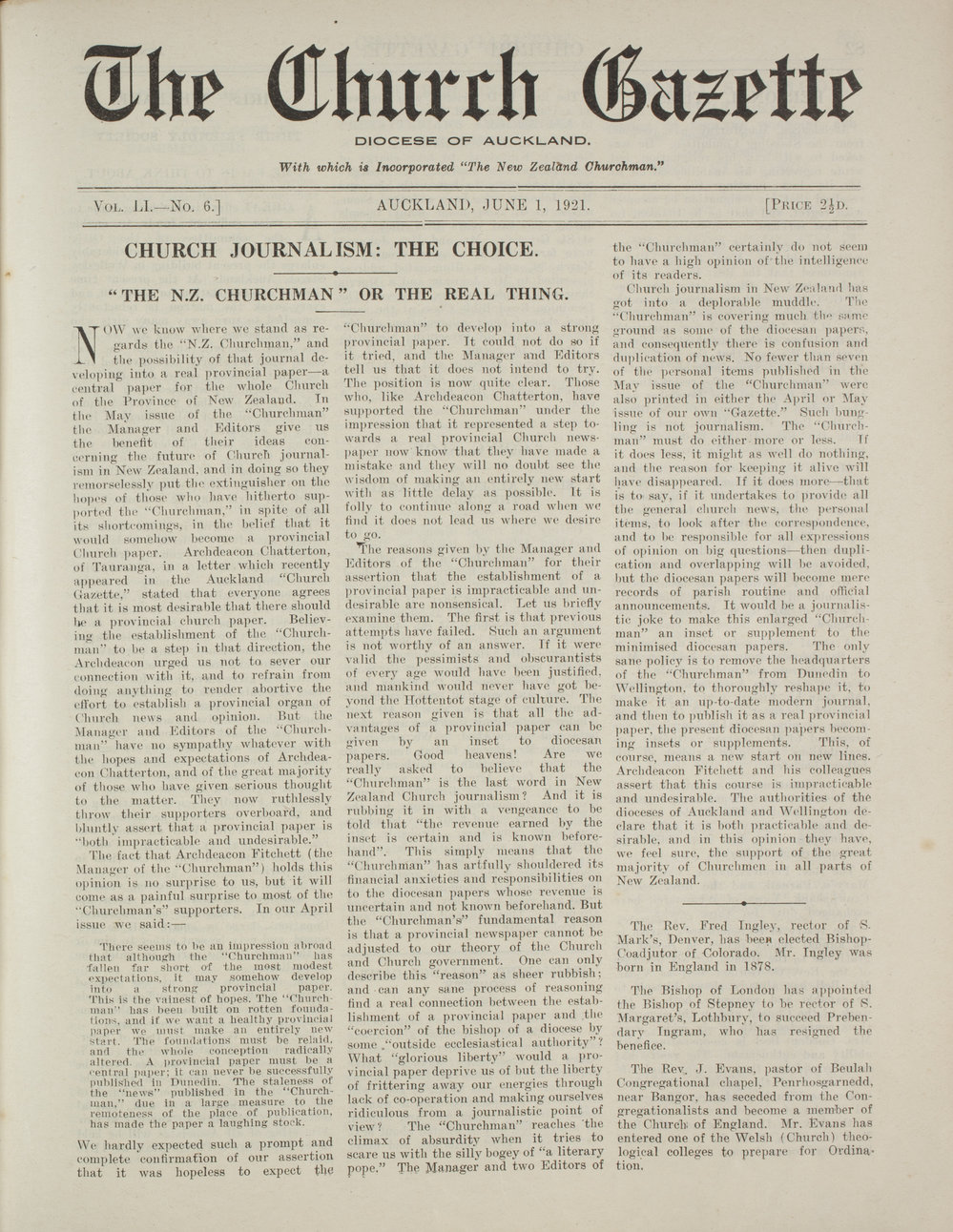 Church Gazette, Auckland: June 1921