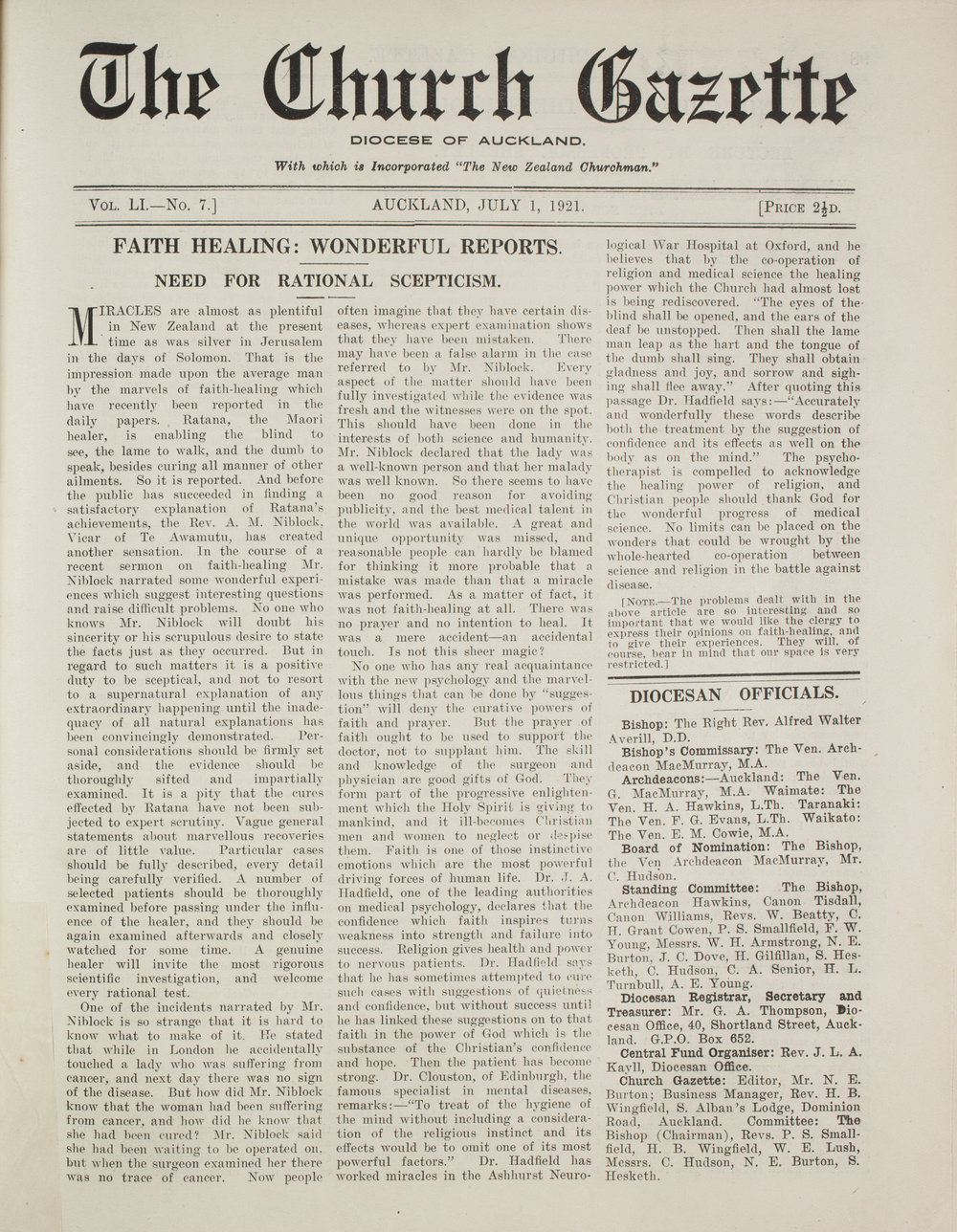 Church Gazette, Auckland: July 1921