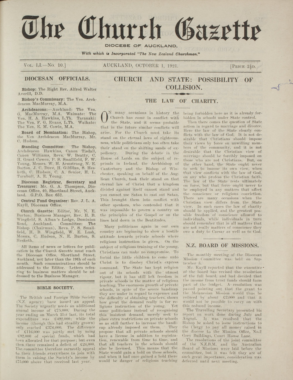 Church Gazette, Auckland: October 1921