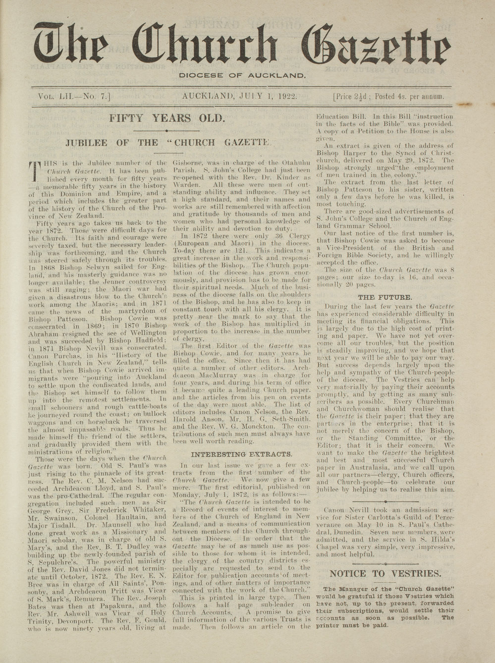 Church Gazette, Auckland: July 1922