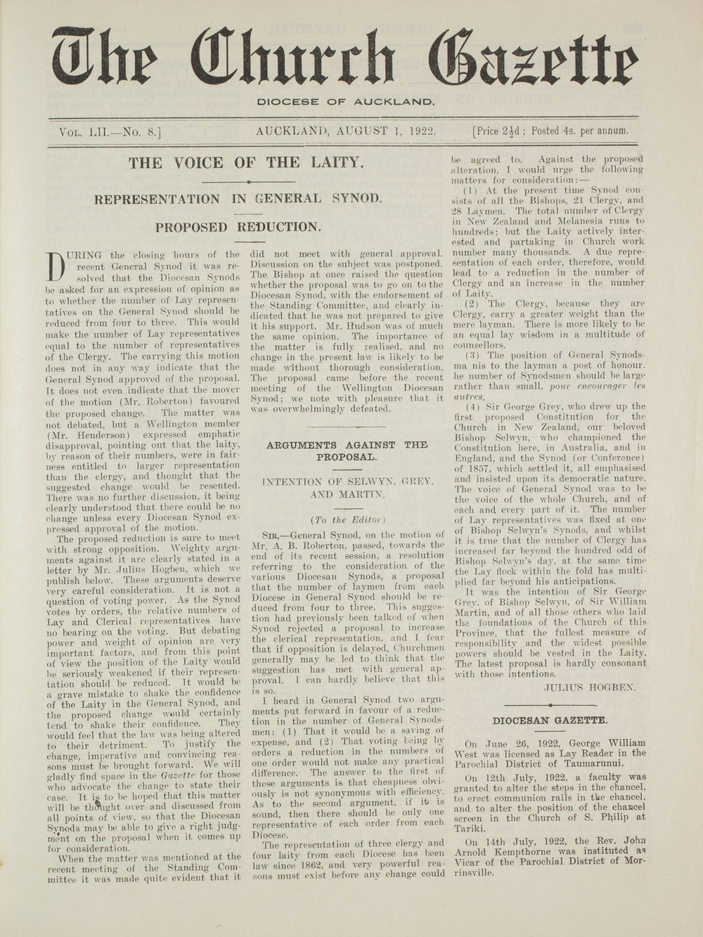 Church Gazette, Auckland: August 1922