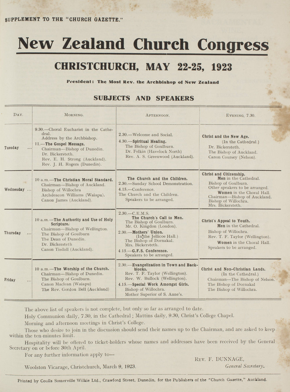 Church Gazette, Auckland: May 1923 Supplement