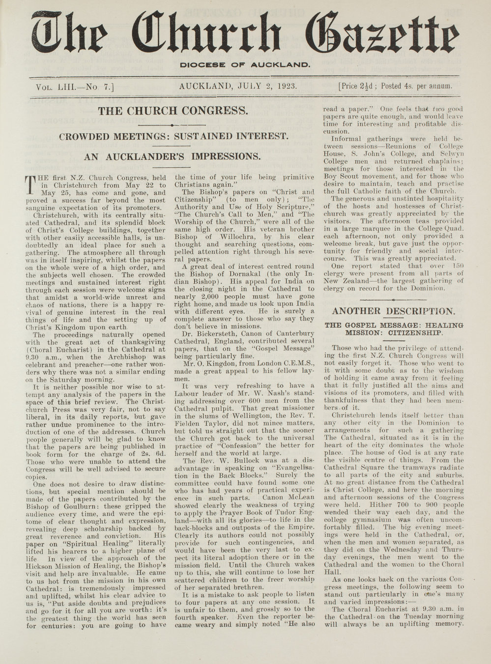 Church Gazette, Auckland: July 1923