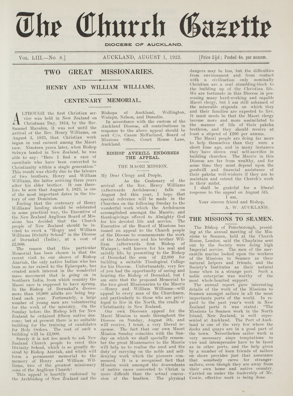 Church Gazette, Auckland: August 1923