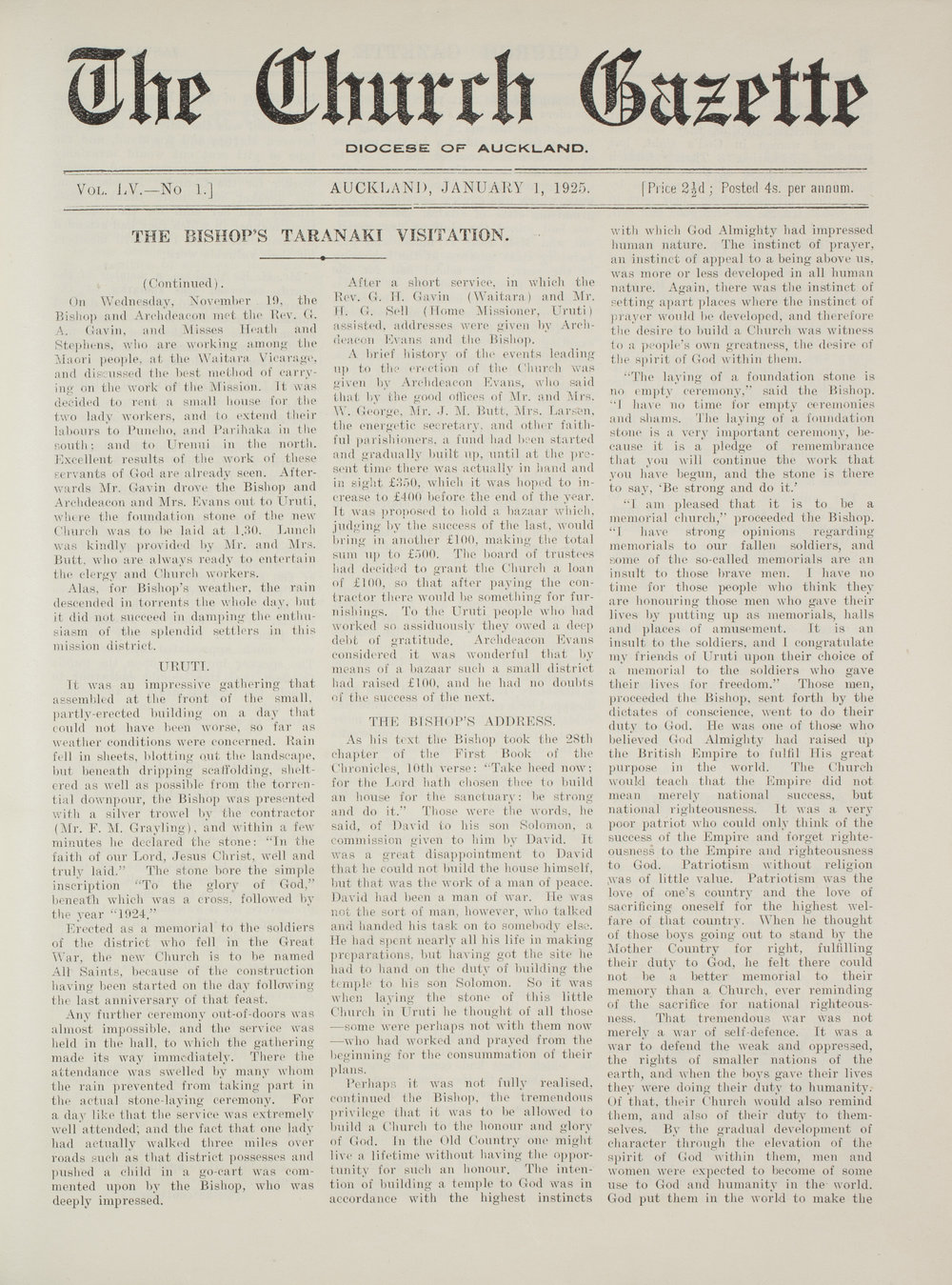 Church Gazette, Auckland: January 1925