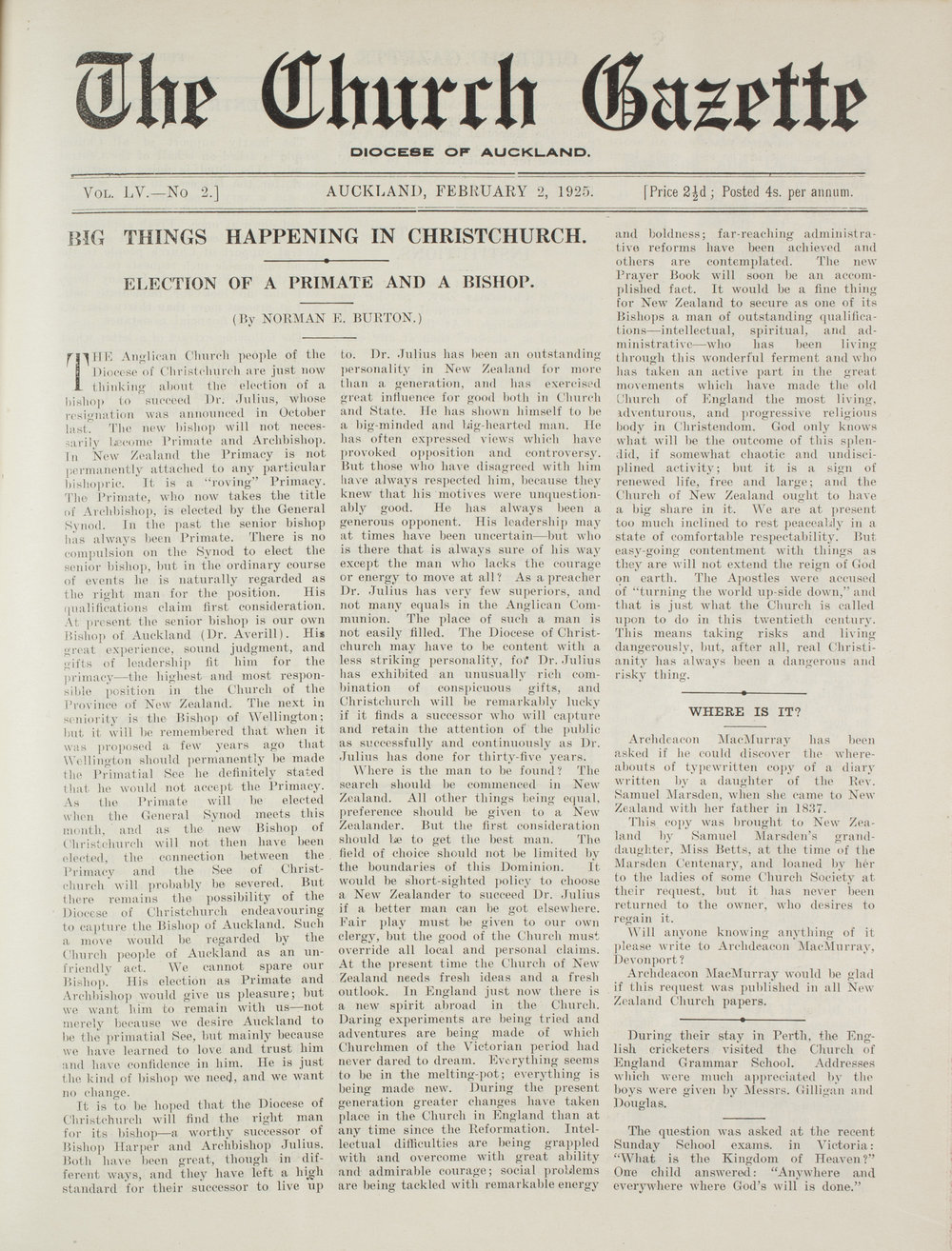 Church Gazette, Auckland: February 1925