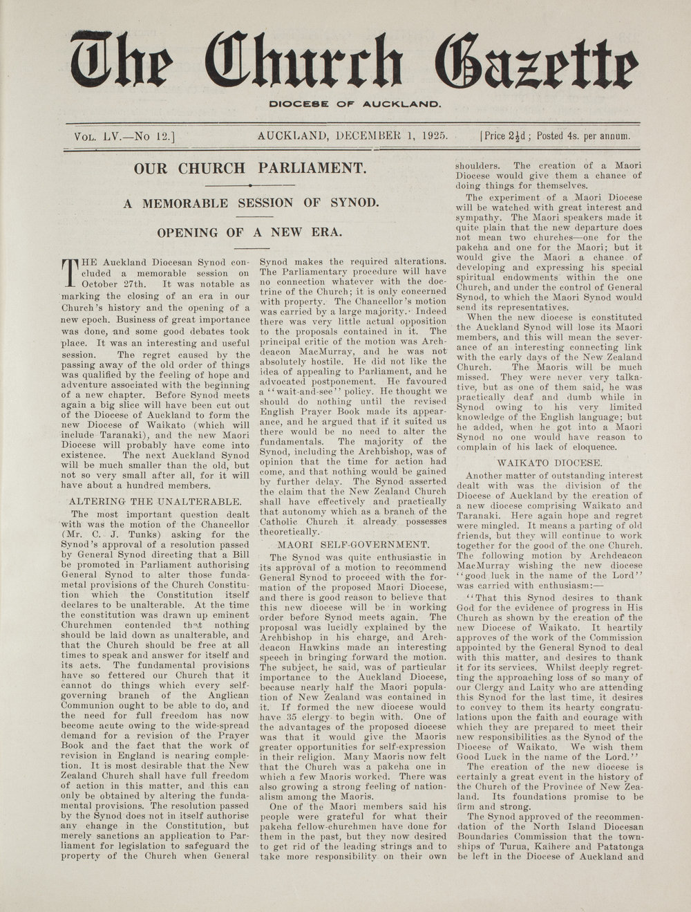 Church Gazette, Auckland: December 1925