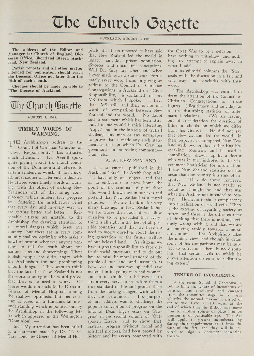 Church Gazette, Auckland: August 1928