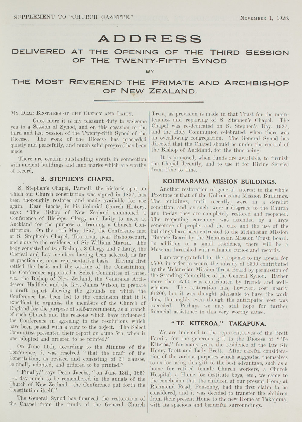 Church Gazette, Auckland: November 1928 Supplement