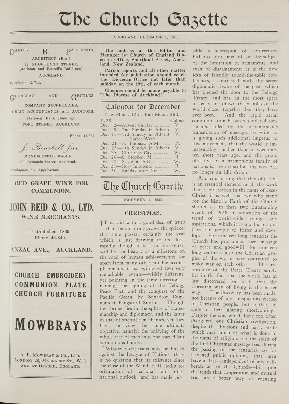 Church Gazette, Auckland: December 1928