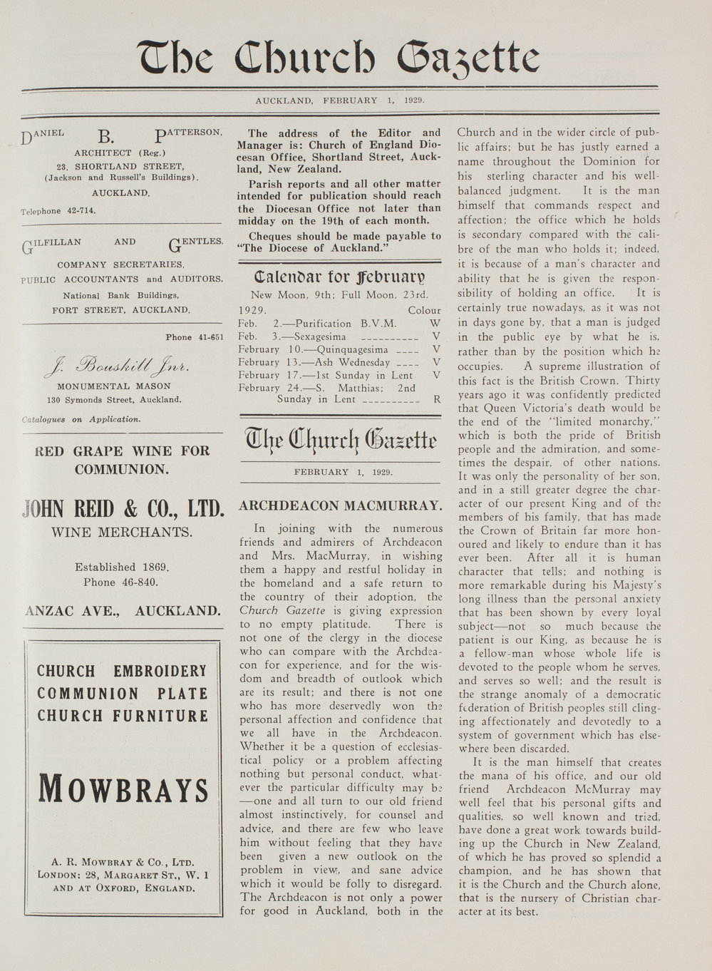 Church Gazette, Auckland: February 1929