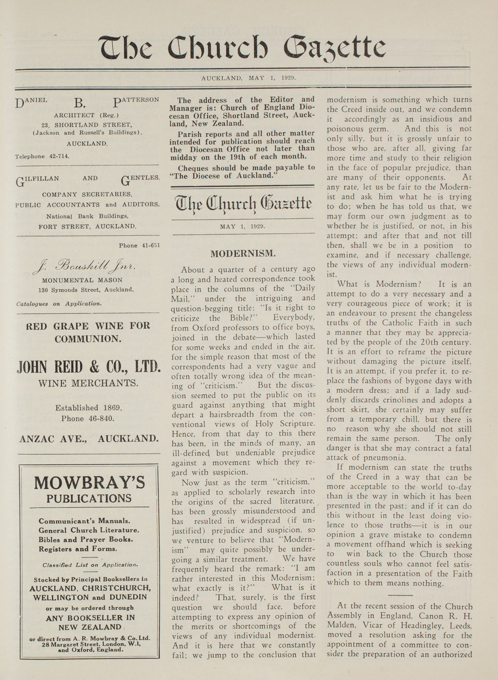 Church Gazette, Auckland: May 1929