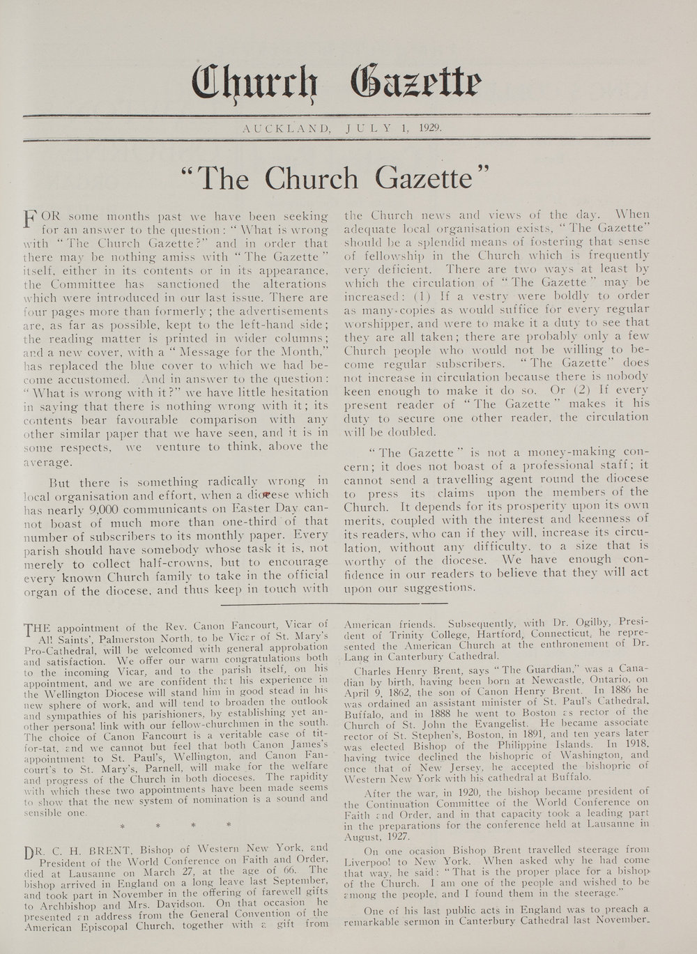 Church Gazette, Auckland: July 1929