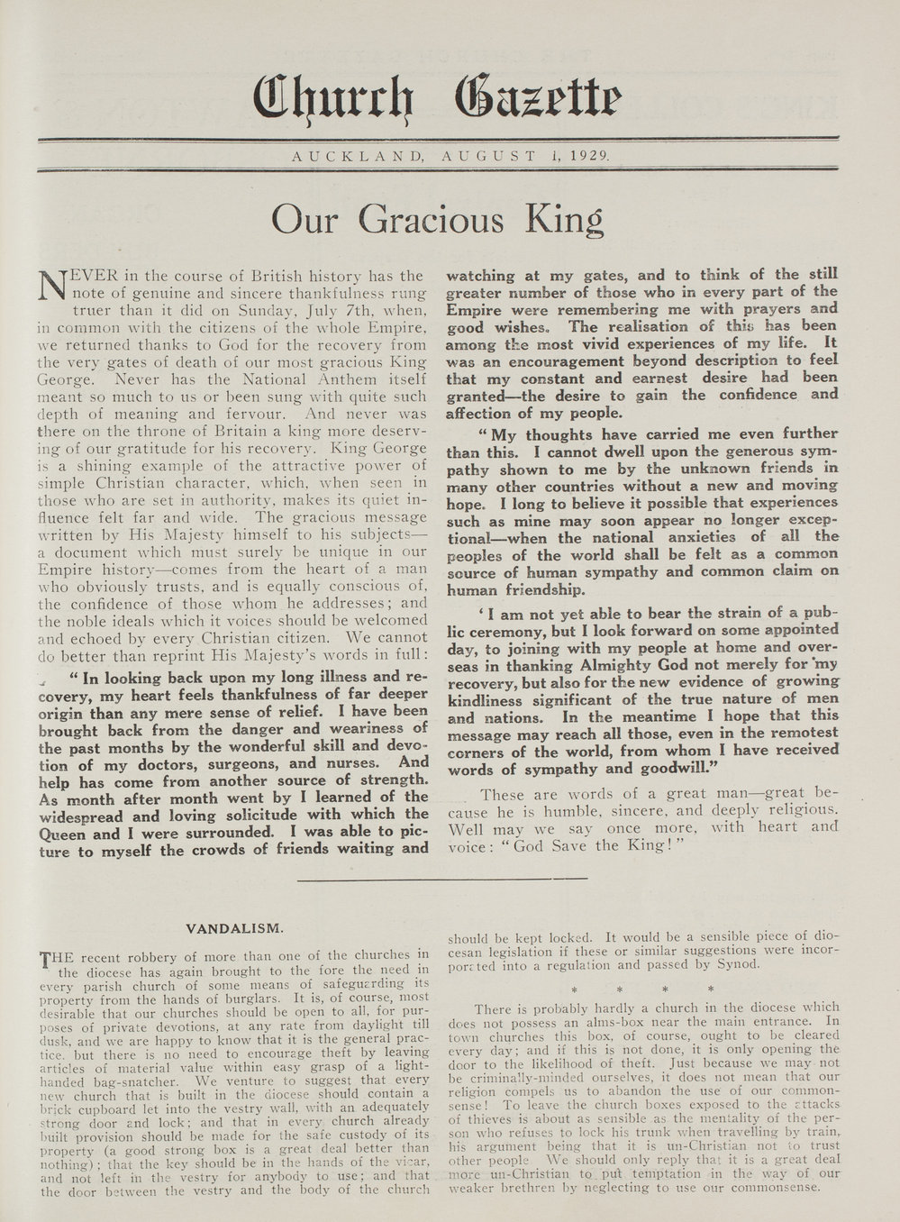 Church Gazette, Auckland: August 1929